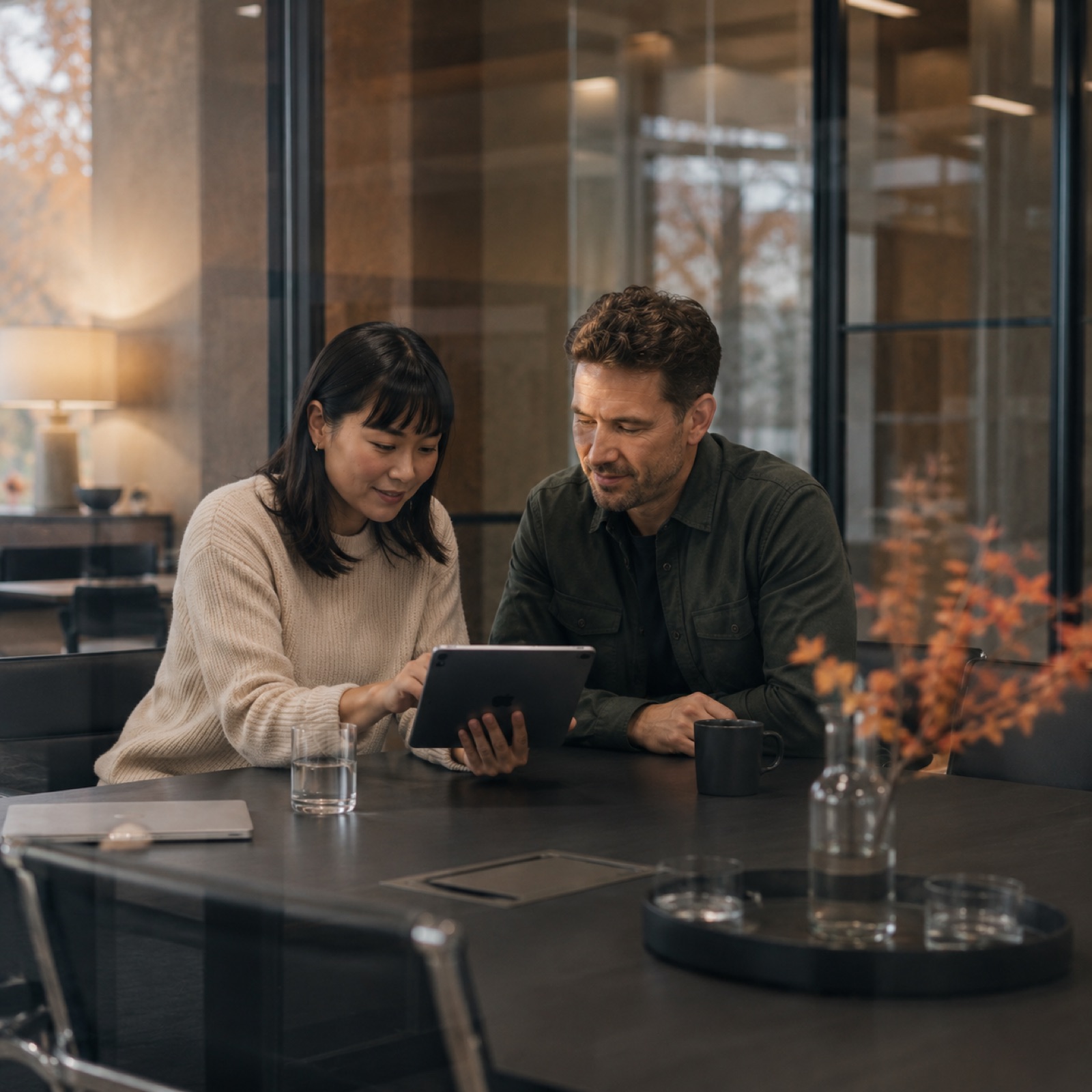 Two team members reviewing visitor conversations on a tablet
