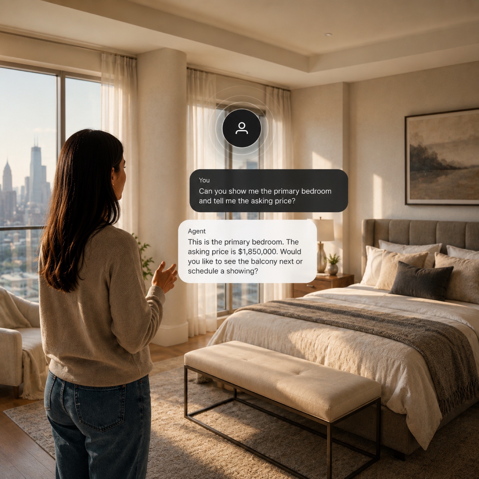 Visitor in a bedroom asking the agent about the asking price