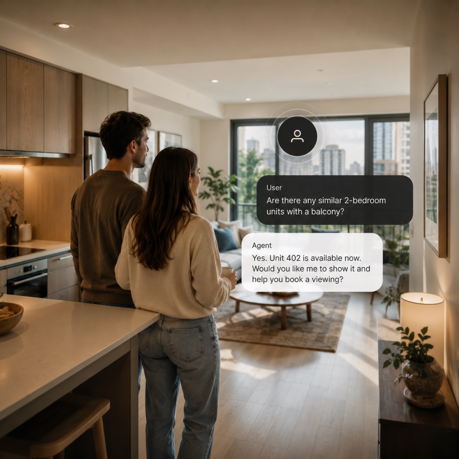 Couple in a kitchen asking about a similar two-bedroom unit