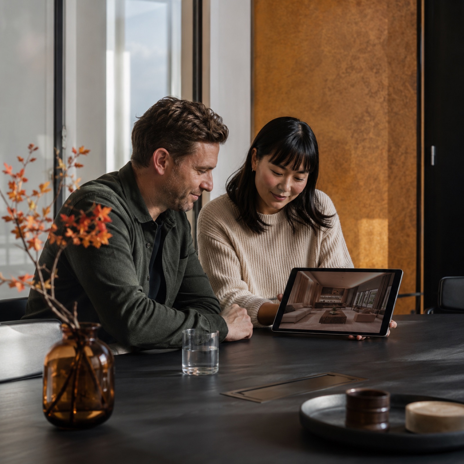 A couple reviewing a Matterport tour together on a tablet