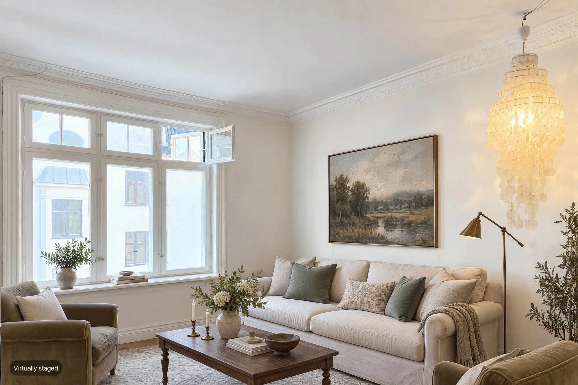 The same living room, virtually staged in classic style
