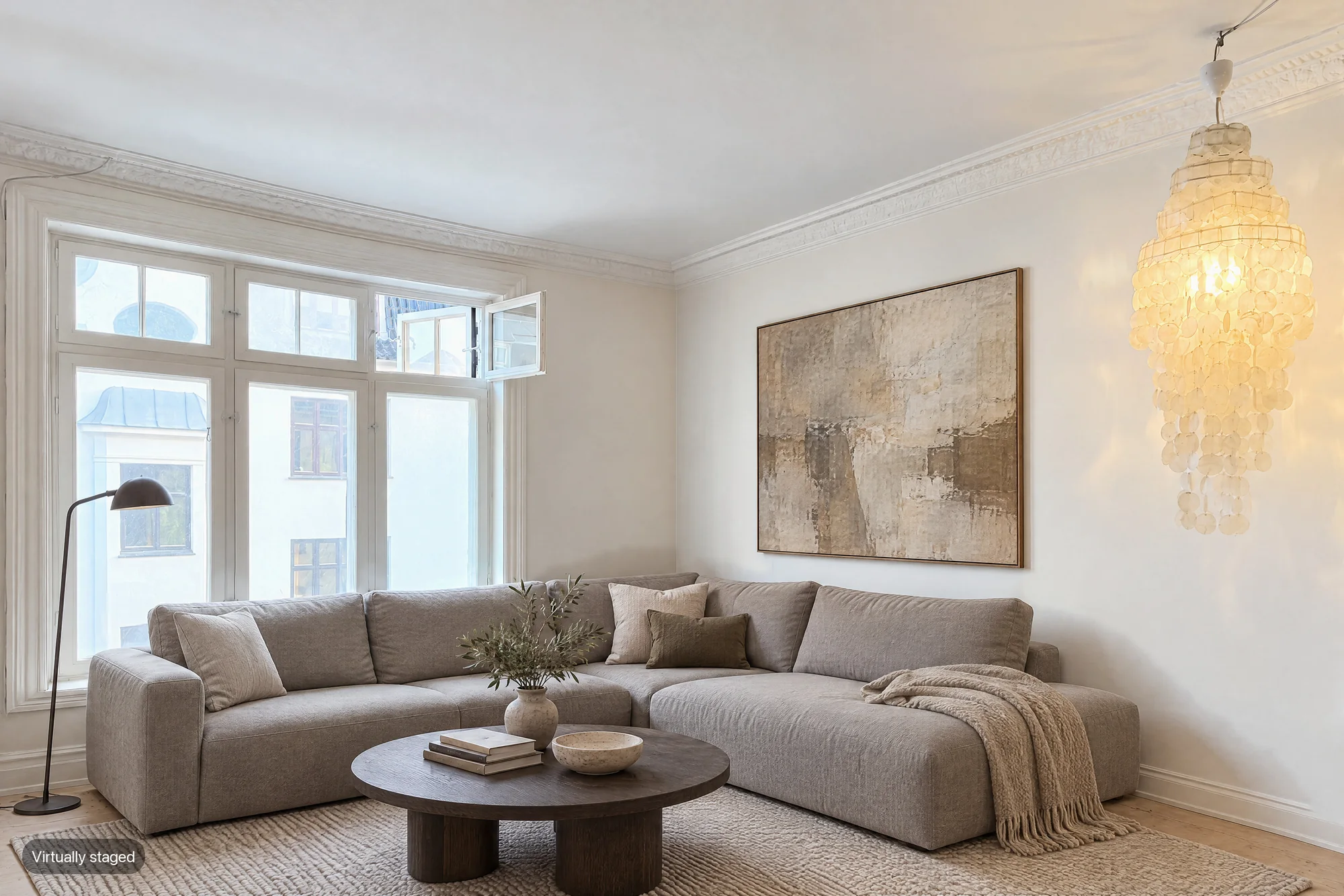 The same living room, virtually staged in modern style