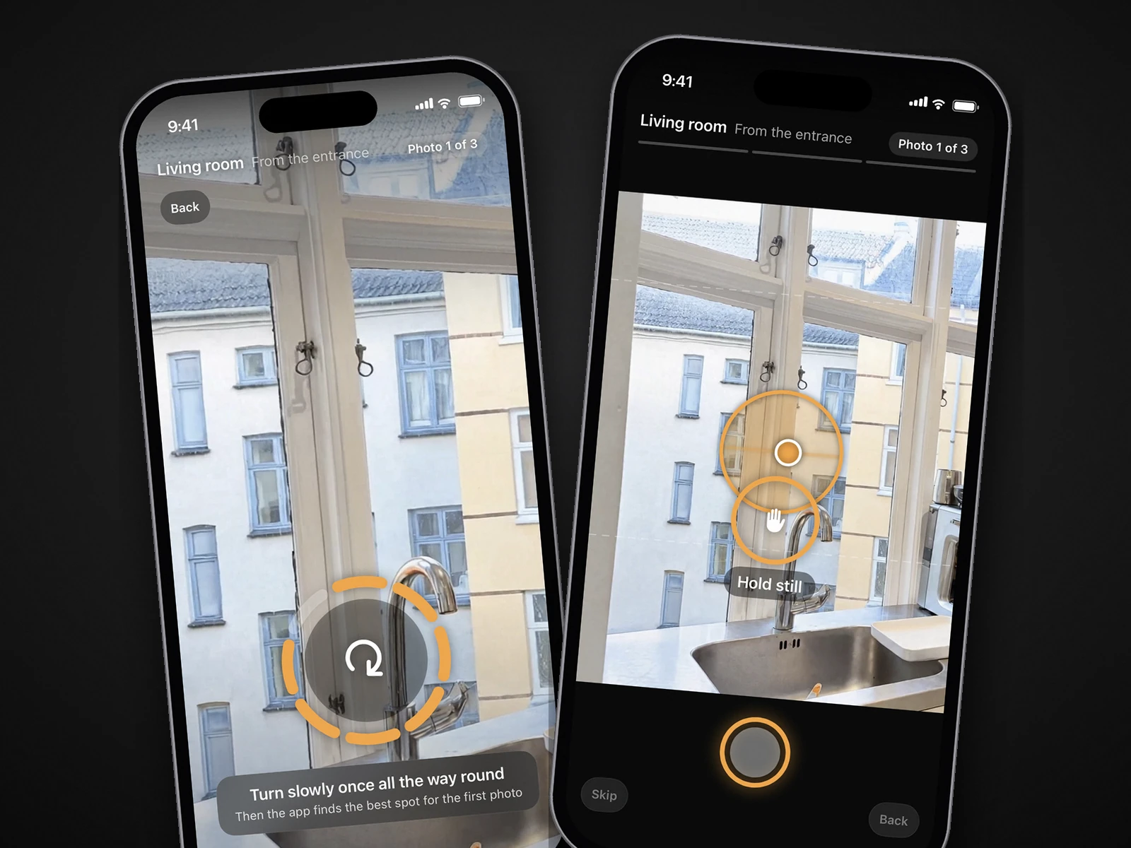 Two iPhone screens of the October app guiding a capture in a living room, showing a turn-around prompt and a Hold still target