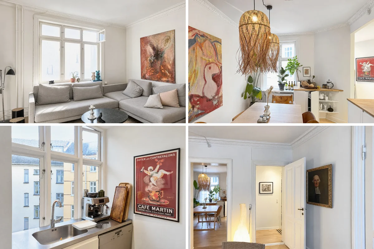 Four finished October photos of the founder's flat: a living room with a grey corner sofa, a dining room with rattan pendants, a kitchen window with its courtyard view and an entrance hall with a portrait