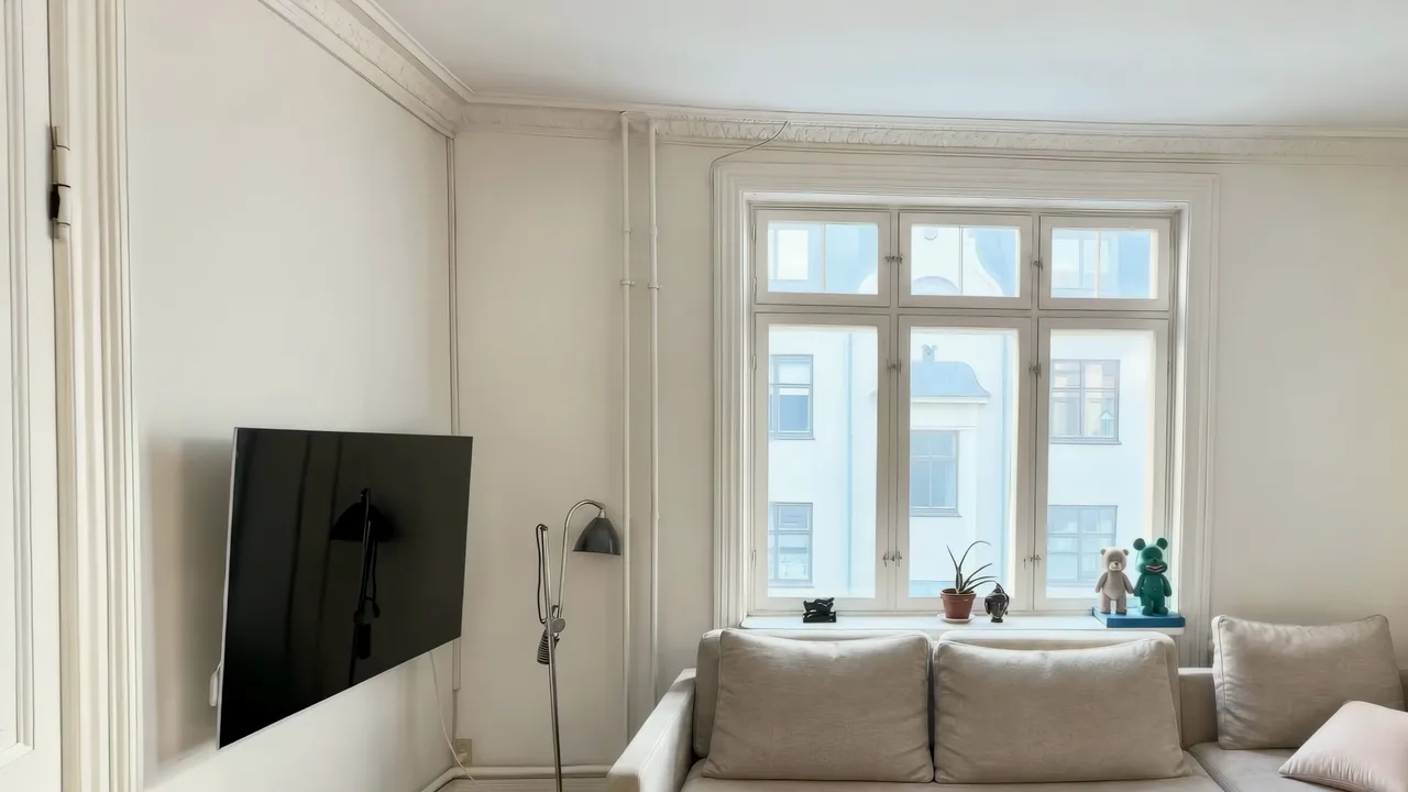 A frame from an October 4K walkthrough video: a dining area with a pendant lamp, plants by the window and a doorway through to the hall
