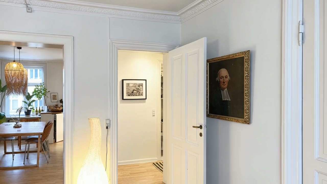 A frame from an October walkthrough video: a bright hallway with an open white door and a gilt-framed portrait, and through a doorway the dining room with a rattan pendant